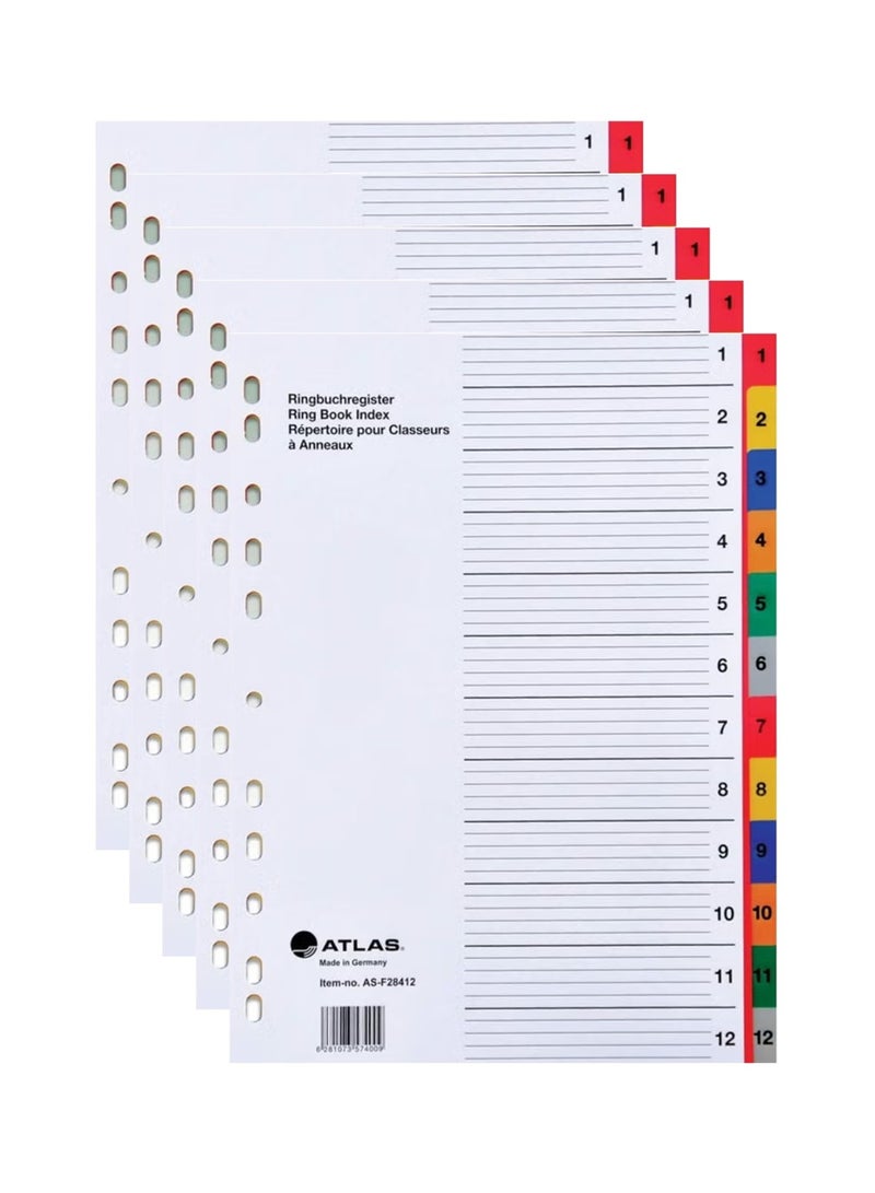 ATLAS 5-Pack Plastic File Divider Tabs With Twelve Divisions With Number Multicolour - Image 1